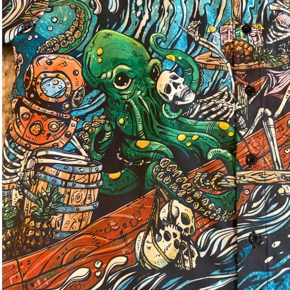 Hardaddy Mens Button Down Shirt Sea Monster Skeleton Tiki Blue M Hawaiian